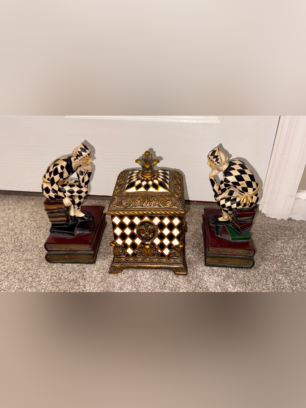Harlequin Bookends & Lidded Trinket Box 3-Piece Decor Set